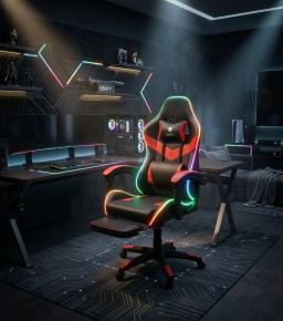 Silla Gamer ENV ThroneX Black/Red Iluminación RGB + Altavoces Almohada cabeza y zona lumbar Rotación 360° Reposapiés retráctil