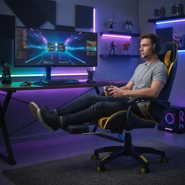 Silla Gamer ENV ThroneX Black/Red Iluminación RGB + Altavoces Almohada cabeza y zona lumbar Rotación 360° Reposapiés retráctil