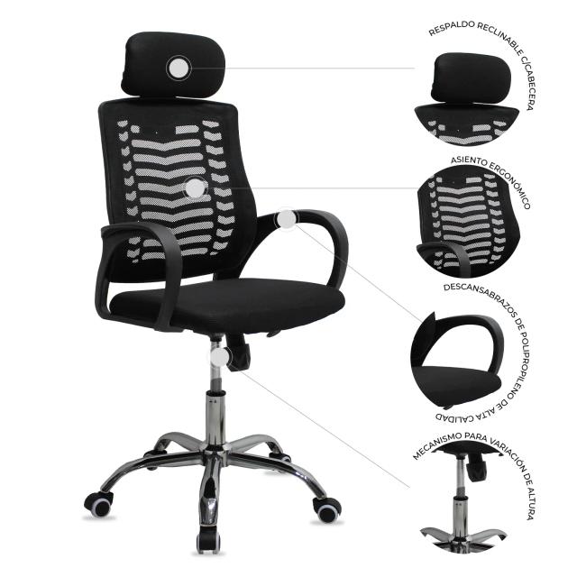 Silla de Oficina Ergonómica Apoya cabeza Airmesh Espaldar de malla Altura regulable Rotación 360°